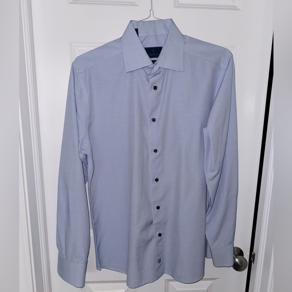 David Donahue Trim Fit Blue Microcheck Dress Shirt, 16.5, 34/45